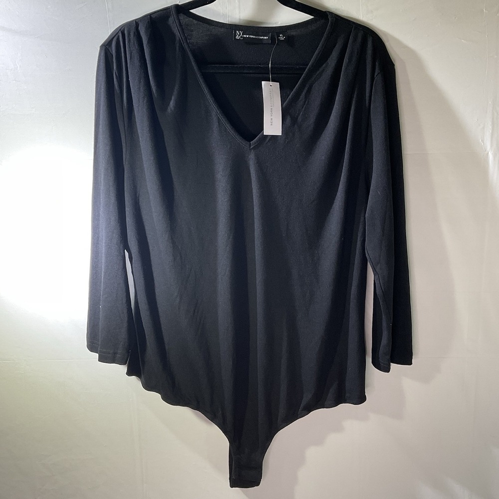 NWT New York & Company‎ Black Long Sleeve Top Body Suit V Neck Size XL